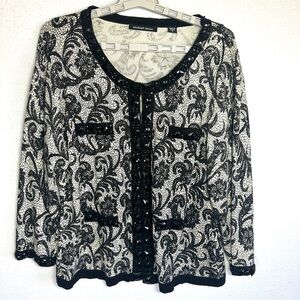Michael Simon Vintage Cardigan Sweater XL Black Cream Beaded Silk Cashmere Blend